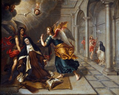 Sint Theresia van Avila (van het kind Jezus) (1515-1582) ontmoet de engel die haar hart doorboort met zijn gouden pijl door Peter van Lint