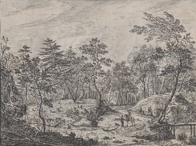 Boslandschap met een Ruiter die met een Man in het Midden Praat, een Voetbrug Rechts door Peter von Bemmel