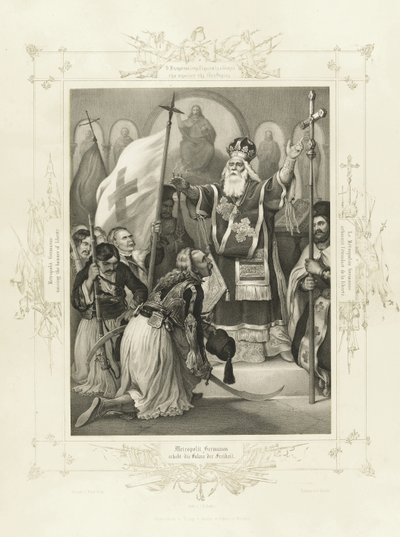 De Metropoliet Germanos heft de banier van vrijheid Op uit het Album van Griekse Heldhaftigheid door Peter von Hess