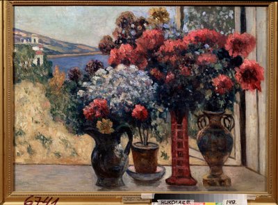 Bloemen tegen de zee. door Petr Ivanovic Petrovichev