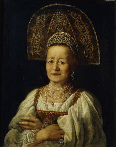 Portret van een Koopmansvrouw in Kokoshnik, 1796 door Petro Semyonovich Drozhdin