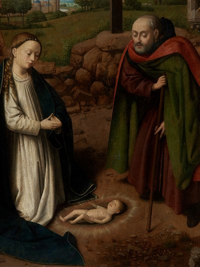 Detail (Aanbidding van het Christuskind) door Petrus Christus