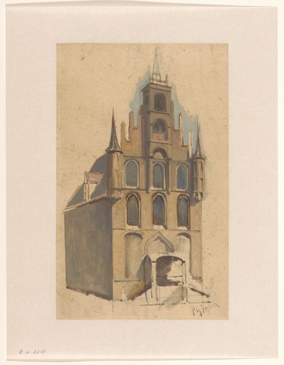 Ontwerp voor een gebouw in laat-gotische stijl met trapgevel en pinakels door Petrus Gerardus Vertin