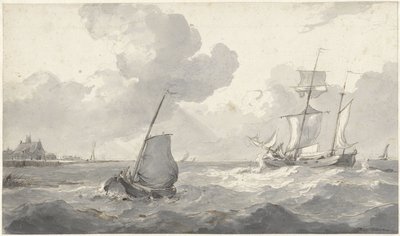 Tweemaster en vissersboot voor de kust door Petrus Johannes Schotel