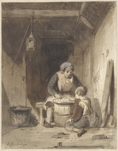 Man en jongetje etend in een schuur door Petrus Marius Molijn