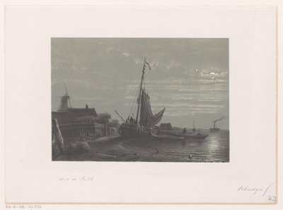 Zeilschip op het droge bij maanlicht door Petrus Paulus Schiedges (I)