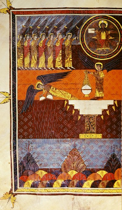 f.126 Zeven engelen met trompetten, uit de Beatus Apocalyps van Santo Domingo de Silos door Petrus Petrus