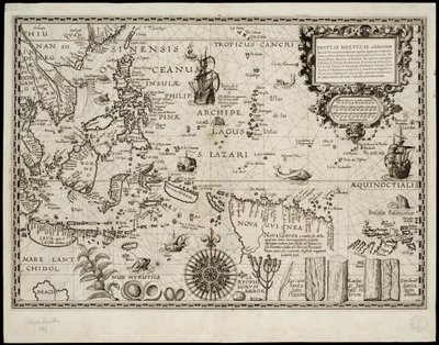 Insulae Moluccae beroemd om hun grote hoeveelheid specerijen die over de hele wereld worden verzonden door Petrus Plancius
