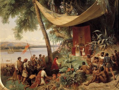 De eerste mis in Amerika (15e eeuw) Mis in Cuba in 1494 (2e reis van Columbus naar Havana) (detail) door Pharamond Blanchard