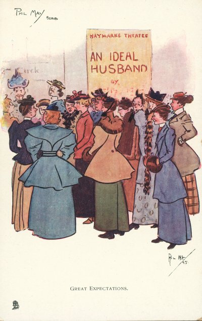 Vrouwen verzamelen zich buiten een theater om een productie van An Ideal Husband te zien door Phil May