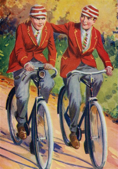 Jongens in schooluniform, fietsen door Philibert Louis Debucourt