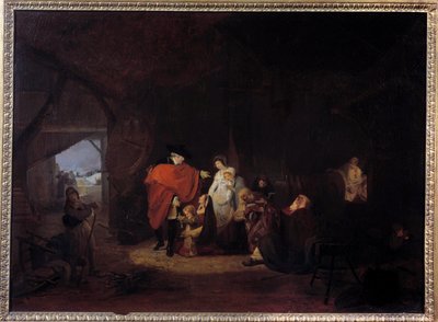 Menselijkheidstrek van Lodewijk XVI: winter 1784 de koning geeft aalmoes aan de inwoners van Versailles door Philibert Louis Debucourt