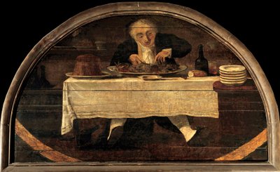 De lekkerbek leert Corcellet boodschappen doen in het koninklijk paleis. Een man aan tafel eet een bord schaaldieren en zeevruchten door Philibert Louis Debucourt