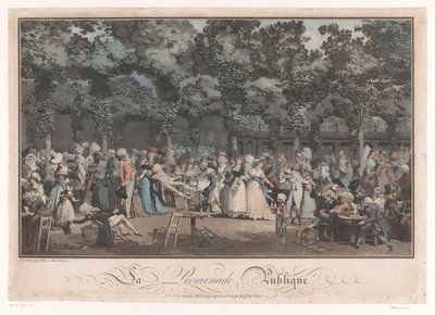 Elegant gezelschap in de Jardin du Palais Royal te Parijs door Philibert Louis Debucourt