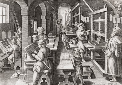 Een Europese drukkerij circa 1590 (gravure) door Philip (after) Galle