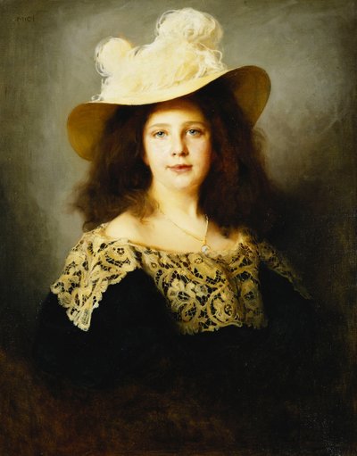 Portret van Mici Lukacs, 10 jaar oud, in een Donkerblauwe Jurk met Kantkraag door Philip Alexius de Laszlo