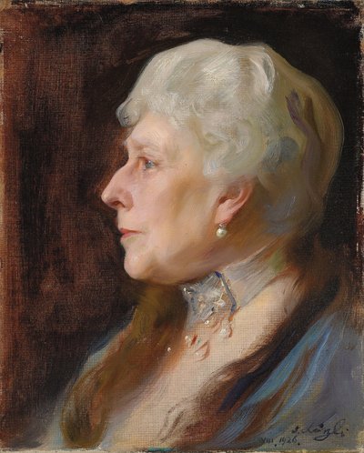Portret van Prinses Henry van Battenberg, geboren Prinses Beatrice van Groot-Brittannië, in profiel naar links, met een choker en hangende oorbellen door Philip Alexius de Laszlo