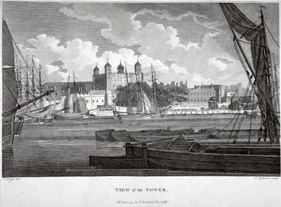 Uitzicht op de Tower of London met boten op de Theems, ca. 1790 door Philip Audinet