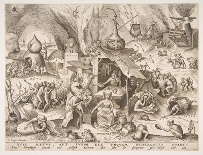 Hebzucht Avaritia uit de serie De zeven hoofdzonden, 1558 door Philip Galle