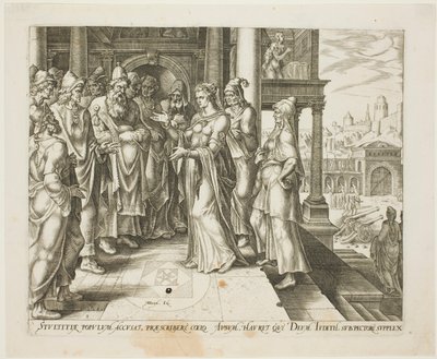 Judith Spreekt de Ouderen van Bethulia Toe, plaat drie uit Het Verhaal van Judith en Holofernes door Philip Galle