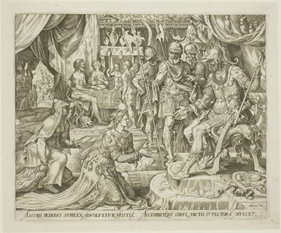 Judith gepresenteerd aan Holofernes, plaat vijf uit Het verhaal van Judith en Holofernes door Philip Galle