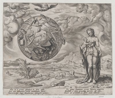 De mens geboren om te zwoegen, uit De beloning van arbeid en ijver, plaat 1, 1572 door Philip Galle