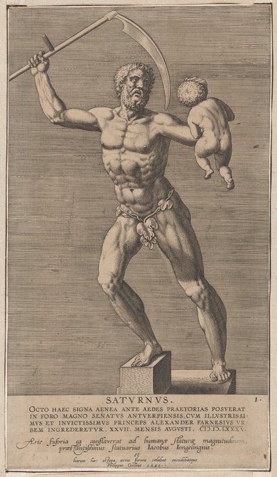 Saturnus, standbeeld van de naakte god die op een sokkel staat en een zeis in zijn rechterhand houdt door Philip Galle