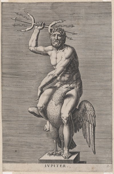 Jupiter, standbeeld van de naakte god zittend op een adelaar, met een dubbele drietand, 1586 door Philip Galle