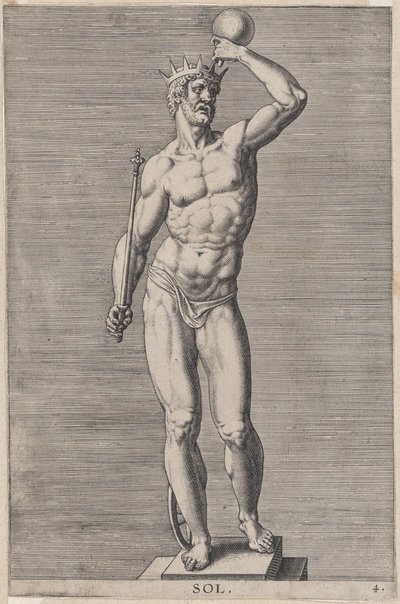 Apollo, standbeeld van de naakte god met een kroon en een... door Philip Galle