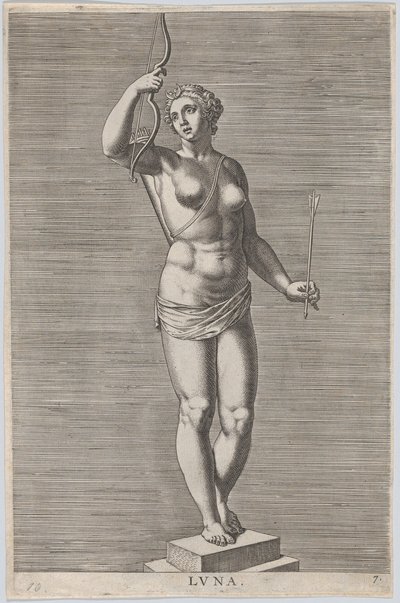 Plaat 7: Diana, standbeeld van de naakte godin staand op een sokkel, met een halve maan in..., 1586 door Philip Galle