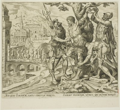 De Israëlieten vinden Achior vastgebonden aan een boom, plaat twee uit Het verhaal van Judith en Holofernes door Philip Galle