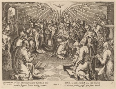 Pinksteren door Philip Galle after Jan van der Straet