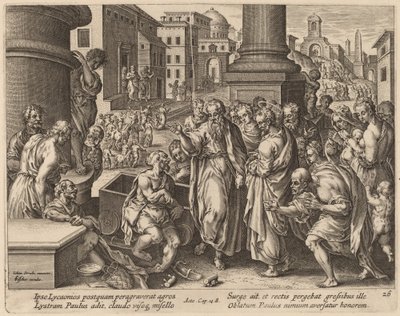 Sint Paulus geneest de lamme man in Lystra door Philip Galle after Jan van der Straet