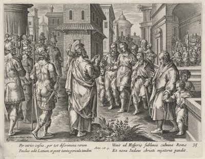 Sint Paulus Predikend in Rome door Philip Galle after Jan van der Straet