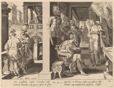 De Engel beveelt Cornelius om Sint Petrus te halen door Philip Galle after Jan van der Straet