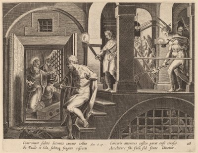 De cipier op het punt zichzelf te doden, bekeerd door Sint Paulus door Philip Galle after Jan van der Straet