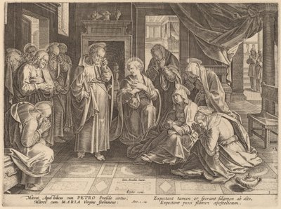 De Ontmoeting van de Apostelen en de Vrouwen in de Bovenkamer door Philip Galle after Jan van der Straet