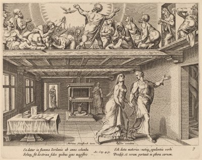 En ze werden allemaal vervuld met de Heilige Geest door Philip Galle after Maerten van Heemskerck