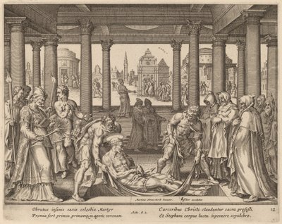 Vrome Mannen die Sint Stefanus naar Zijn Begrafenis Dragen door Philip Galle after Maerten van Heemskerck