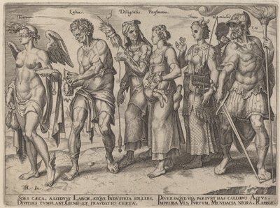 Fortuna, Arbeid, IJver, Spaarzaamheid, Bedrog (Eerlijke en Oneerlijke Manieren om Rijk te Worden) door Philip Galle, after Maerten van Heemskerck