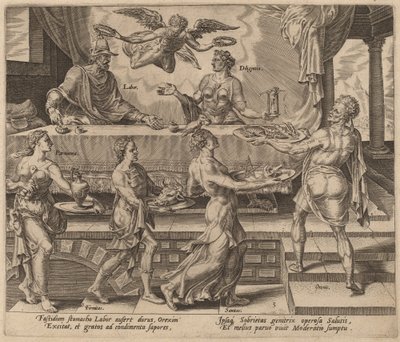 Arbeid en IJver Genieten van hun Eenvoudige Maaltijd door Philip Galle after Maerten van Heemskerck
