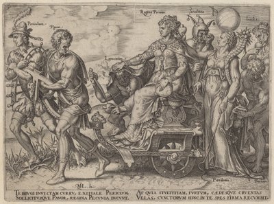 Gevaren en ondeugden die rijkdom vergezellen door Philip Galle, after Maerten van Heemskerck