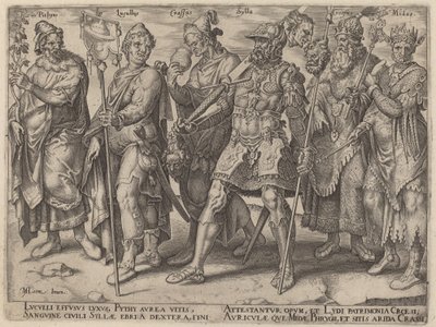 Pythius, Lucullus, Crassus, Sylla, Croesus, Midas (Beruchte Voorbeelden van Rijkdom uit de Oudheid) door Philip Galle, after Maerten van Heemskerck