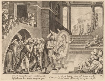 De apostelen bevrijd uit de gevangenis door een engel door Philip Galle after Maerten van Heemskerck