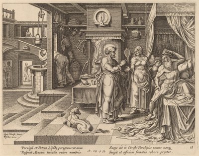 De Genezing van Eneas door Sint Pieter door Philip Galle after Maerten van Heemskerck