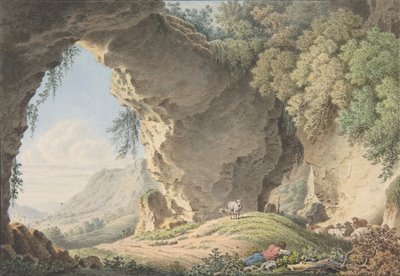 Rotsachtig landschap met slapende herder door Philip Heinrich Dunker