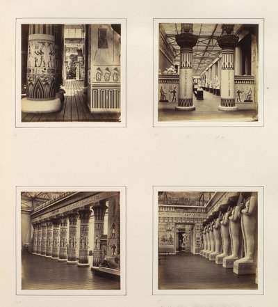 Uitzicht over de Egyptische hof, uitzicht door Egyptische zuilen naar klassieke sculpturen, ca. 1859 door Philip Henry Delamotte.