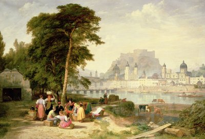 Stad Salzburg, het paleis van de aartsbisschop op de rots door Philip Hutchins Rogers