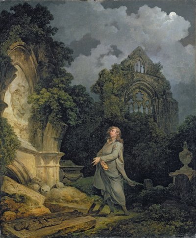 Bezoeker aan een kerkhof bij maanlicht door Philip James de Loutherbourg