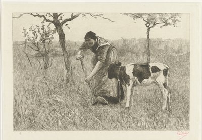 Gravende boerin bij kalf door Philip Zilcken (signed by artist)